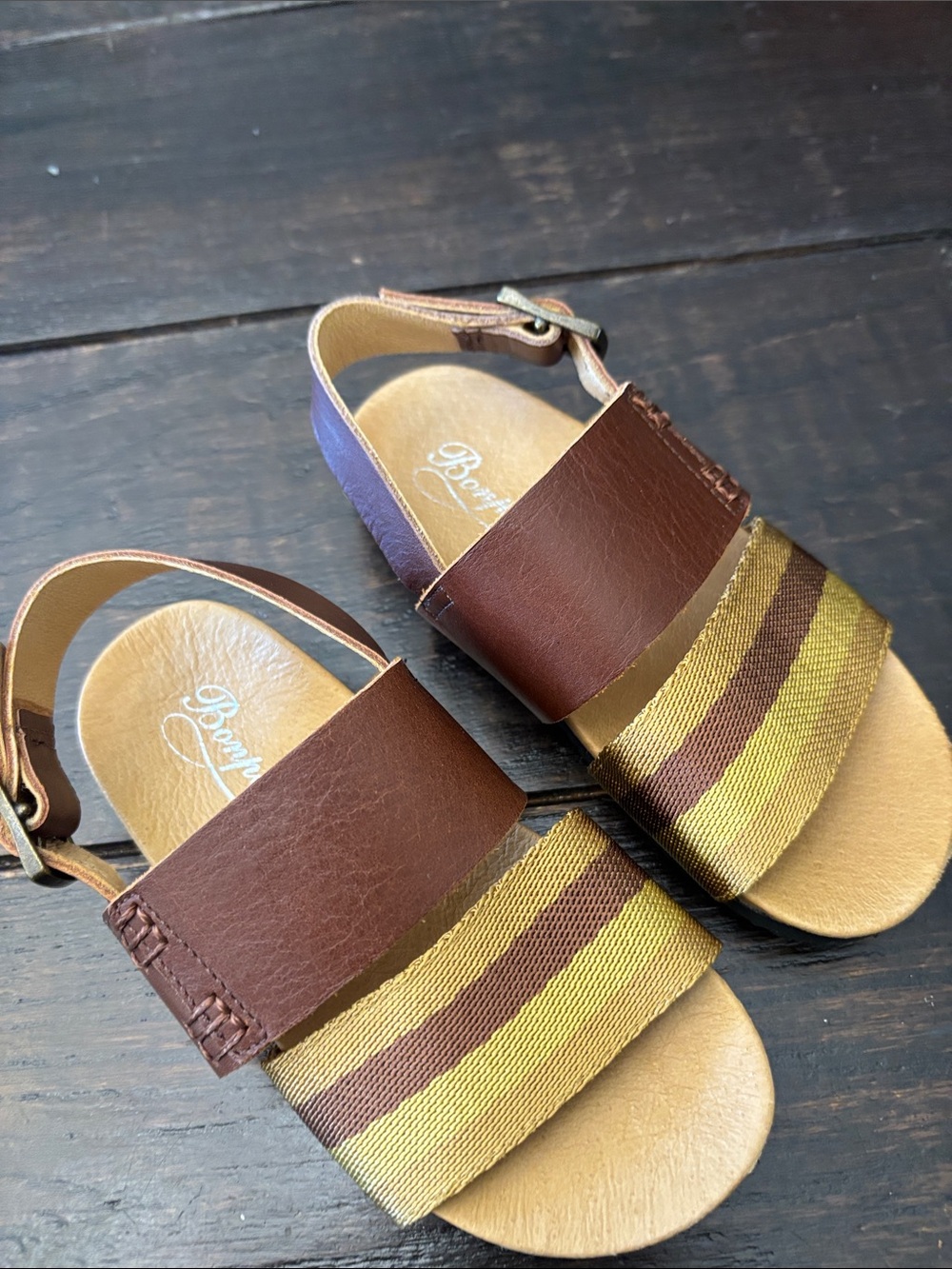 Bonpoint Brown Leather Sandals with Yellow Striped Band